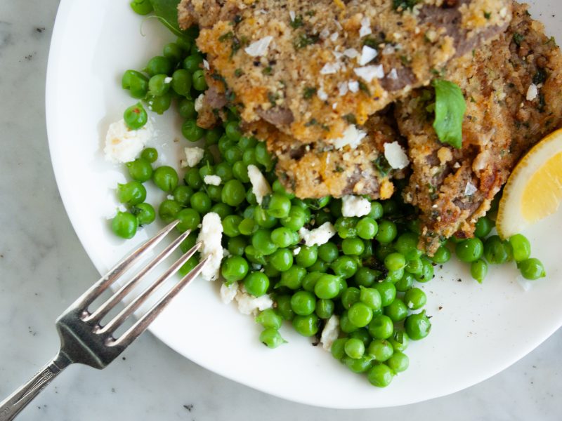 ALMOND AND HERB CRUSTED SCHNITZEL WITH PEA, MINT AND FETA SMASH